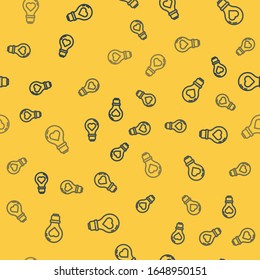 Blue line Heart shape in a light bulb icon isolated seamless pattern on yellow background. Love symbol. Valentine day symbol.  Vector Illustration