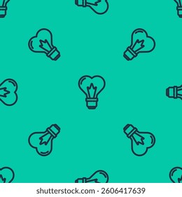 Blue line Heart shape in a light bulb icon isolated seamless pattern on green background. Love symbol. 8 March. International Happy Women Day.  Vector Illustration