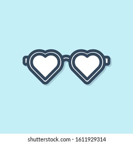 Blue line Heart shaped love glasses icon isolated on blue background. Suitable for Valentine day card design.  Vector Illustration