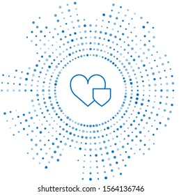Blue line Heart with shield icon isolated on white background. Love symbol. Insurance concept. Security, safety, protection, protect concept. Abstract circle random dots. Vector Illustration