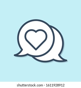 Blue line Heart in speech bubble icon isolated on blue background.  Vector Illustration