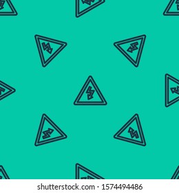 Blue line High voltage sign icon isolated seamless pattern on green background. Danger symbol. Arrow in triangle. Warning icon.  Vector Illustration