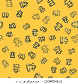 Blue line Hiking backpack icon isolated seamless pattern on yellow background. Camping and mountain exploring backpack.  Vector Illustration