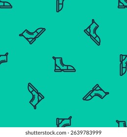 Blue line Hiking boot icon isolated seamless pattern on green background.  Vector Illustration