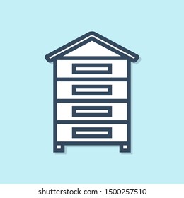 Blue line Hive for bees icon isolated on blue background. Beehive symbol. Apiary and beekeeping. Sweet natural food.  Vector Illustration