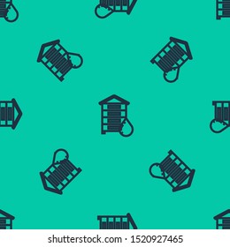 Blue line Hive for bees icon isolated seamless pattern on green background. Beehive symbol. Apiary and beekeeping. Sweet natural food.  Vector Illustration
