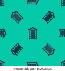 Blue line Hive for bees icon isolated seamless pattern on green background. Beehive symbol. Apiary and beekeeping. Sweet natural food.  Vector Illustration