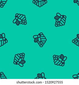Blue line Hive for bees icon isolated seamless pattern on green background. Beehive symbol. Apiary and beekeeping. Sweet natural food.  Vector Illustration