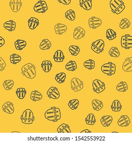 Blue line Hockey mask icon isolated seamless pattern on yellow background. Happy Halloween party.  Vector Illustration