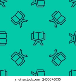 Blue line Holy book of Koran icon isolated seamless pattern on green background. Muslim holiday, Eid Mubarak, Eid al-fitr, Ramadan Kareem.  Vector