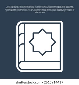 Blue line Holy book of Koran icon isolated on blue background. Muslim holiday, Eid Mubarak, Eid al-fitr, Ramadan Kareem.  Vector