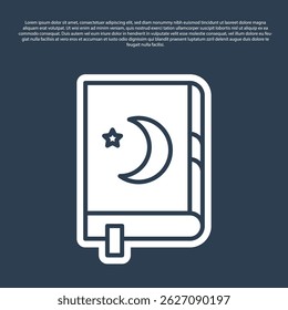 Blue line Holy book of Koran icon isolated on blue background. Muslim holiday, Eid Mubarak, Eid al-fitr, Ramadan Kareem.  Vector Illustration