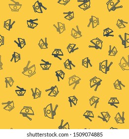 Blue line Honey dipper stick and bowl icon isolated seamless pattern on yellow background. Honey ladle.  Vector Illustration