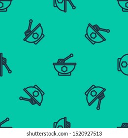 Blue line Honey dipper stick and bowl icon isolated seamless pattern on green background. Honey ladle.  Vector Illustration