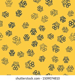 Blue line Honeycomb and hands icon isolated seamless pattern on yellow background. Honey cells symbol. Sweet natural food.  Vector Illustration