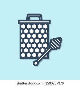 Blue line Honeycomb with honey dipper stickicon isolated on blue background. Honey ladle. Honey cells symbol. Sweet natural food.  Vector Illustration