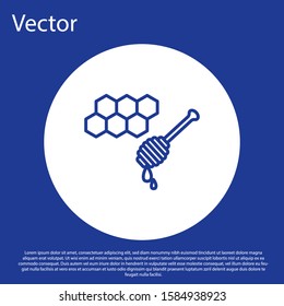 Blue line Honeycomb with honey dipper stickicon isolated on blue background. Honey ladle. Honey cells symbol. Sweet natural food. White circle button. Vector Illustration