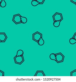 Blue line Honeycomb icon isolated seamless pattern on green background. Honey cells symbol. Sweet natural food.  Vector Illustration