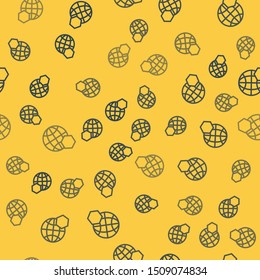 Blue line Honeycomb map of the world icon isolated seamless pattern on yellow background. World bee day. Concept ecological event.  Vector Illustration