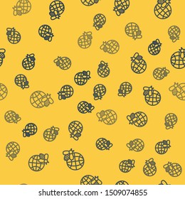 Blue line Honeycomb map of the world and bee icon isolated seamless pattern on yellow background. World bee day. Concept ecological event.  Vector Illustration