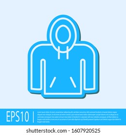 Blue line Hoodie icon isolated on grey background. Hooded sweatshirt.  Vector Illustration