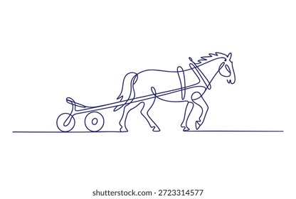 Uma linha azul de um cavalo puxando um arado com uma pessoa guiando-o em um campo de linha