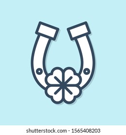 Blue line Horseshoe with four leaf clover icon isolated on blue background. Happy Saint Patricks day.  Vector Illustration