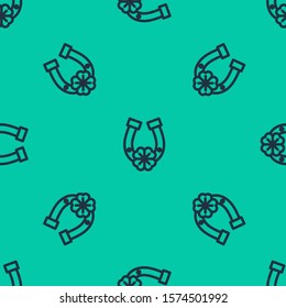 Blue line Horseshoe with four leaf clover icon isolated seamless pattern on green background. Happy Saint Patricks day.  Vector Illustration