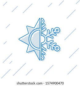 Blue line Hot and cold symbol. Sun and snowflake icon isolated on white background. Winter and summer symbol.  Vector Illustration
