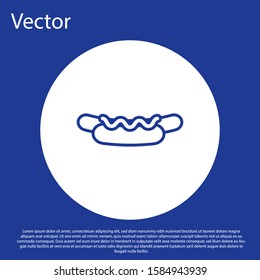 Blue line Hotdog sandwich with mustard icon isolated on blue background. Sausage icon. Street fast food menu. White circle button. Vector Illustration
