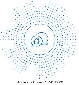 Blue line House building in speech bubble icon isolated on white background. Real estate concept. Abstract circle random dots. Vector Illustration