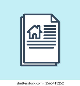 Blue line House contract icon isolated on blue background. Contract creation service, document formation, application form composition.  Vector Illustration