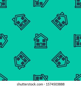 Blue line House icon isolated seamless pattern on green background. Home symbol.  Vector Illustration