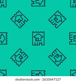 Blue line House icon isolated seamless pattern on green background. Home symbol.  Vector