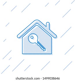 Blue line House with key icon isolated on white background. The concept of the house turnkey.  Vector Illustration