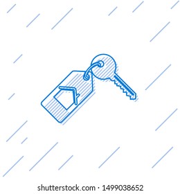 Blue line House with key icon isolated on white background. The concept of the house turnkey.  Vector Illustration