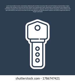 Blue line House key icon isolated on blue background. Vector