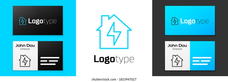 Blue Line House und Blitzsymbol einzeln auf weißem Hintergrund. Hausenergie. Logo-Design-Element. Vektorgrafik.