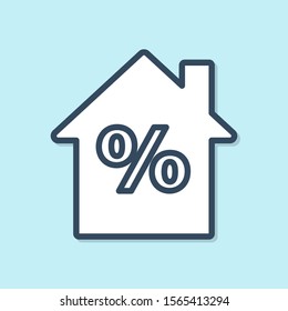Blue line House with percant discount tag icon isolated on blue background. House percentage sign price. Real estate home.  Vector Illustration