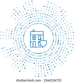 Blue line House with shield icon isolated on white background. Insurance concept. Security, safety, protection, protect concept. Abstract circle random dots. Vector Illustration