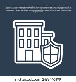 Casa de línea azul con icono de escudo aislado sobre fondo azul. Concepto de seguro. Seguridad, seguridad, protección, proteger el concepto.  Vector