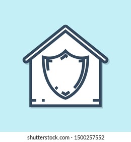 Blue line House under protection icon isolated on blue background. Protection, safety, security, protect, defense concept.  Vector Illustration