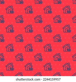 Blue line House with wrong mark icon isolated seamless pattern on red background. Home and close, delete, remove symbol.  Vector Illustration