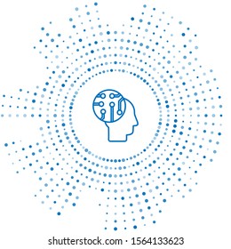 Blue line Human brain as digital circuit board icon isolated on white background. Human head outline with circuit lines inside. Abstract circle random dots. Vector Illustration