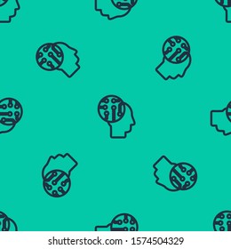 Blue line Human brain as digital circuit board icon isolated seamless pattern on green background. Human head outline with circuit lines inside.  Vector Illustration