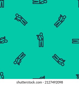 Blue line Human broken arm icon isolated seamless pattern on green background. Injured man in bandage.  Vector