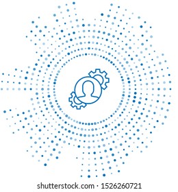 Blue line Human with gear inside icon isolated on white background. Artificial intelligence. Thinking brain sign. Symbol work of brain. Abstract circle random dots. Vector Illustration