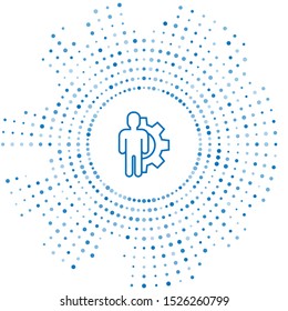 Blue line Human with gear inside icon isolated on white background. Artificial intelligence. Thinking brain sign. Symbol work of brain. Abstract circle random dots. Vector Illustration