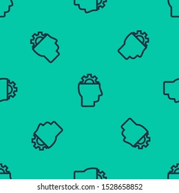 Blue line Human with gear inside icon isolated seamless pattern on green background. Artificial intelligence. Thinking brain sign. Symbol work of brain.  Vector Illustration