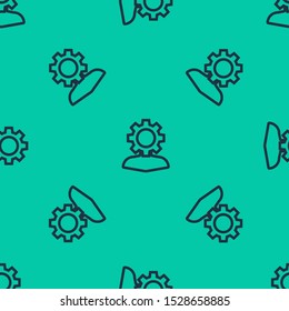 Blue line Human with gear inside icon isolated seamless pattern on green background. Artificial intelligence. Thinking brain sign. Symbol work of brain.  Vector Illustration